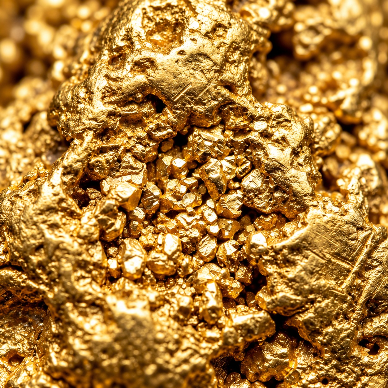 Close-up of crystalline native gold showing bright metallic gold texture and granular structure